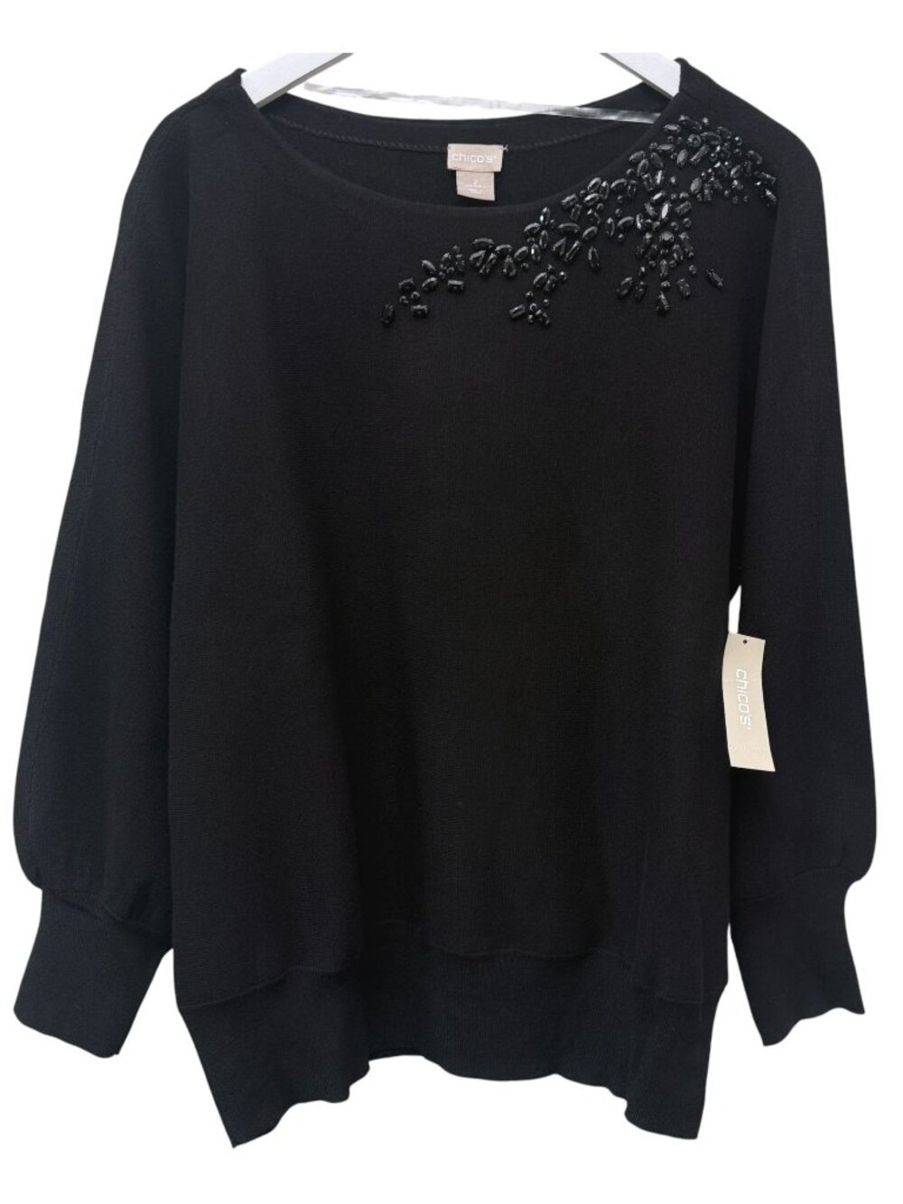 Chicos Womens Large Black Sweater Rhinestone Beaded Accent Rayon Blend Knit NWT